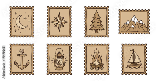 Vintage Hand Drawn Adventure Icon Postage Stamp Set for Outdoor Travel and Camping Journaling