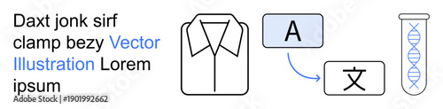 Language translation, genetic research, education, communication, science, data analysis. Image includes DNA strand, shirt icon and language symbols. Language translation and genetic research