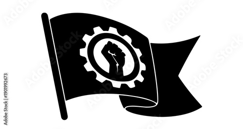 Waving flag with gear symbol and fist for workers movement emblem in black and white
