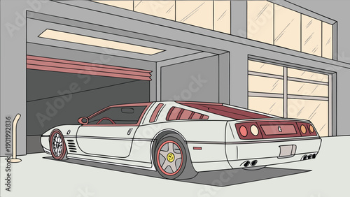 White classic high performance sports car parked inside a modern garage with large windows and light
