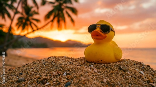 A humorous yellow rubber duck toy wearing cool aviator sunglasses sits atop a sandy beach dune during a vibrant tropical sunset scene.