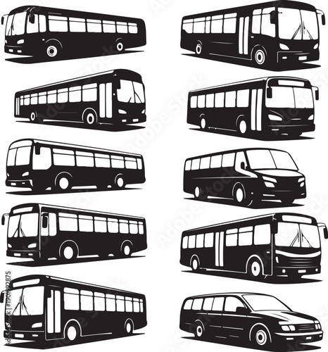 blackandwhitesilhouetteofvariousbusesandavan