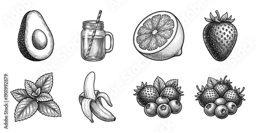 Collection of hand drawn smoothie ingredients and fruit sketches in vintage woodcut engraving style including avocado banana berries and citrus.