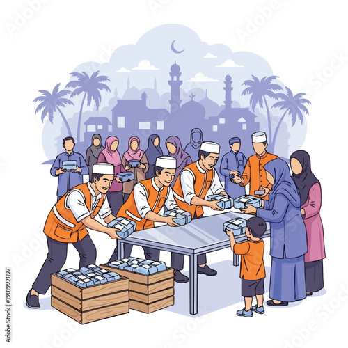 Muslim volunteers distributing zakat or alms to the poor during Ramadan.