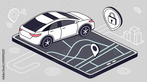 Modern isometric illustration of connected car technology with vehicle tracking and mobile app security interface