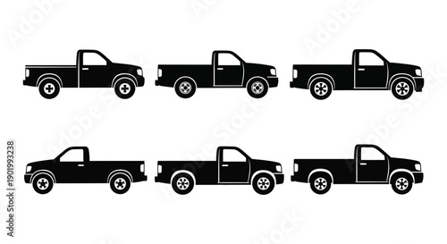 A series of black pickup truck silhouettes in varying perspectives ideal for design projects on transparent background high quality professional detailed