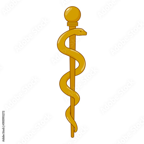 Asclepius staff symbol of medicine and healing. Ancient Greek golden rod with a snake. Vintage short staff with a serpent wrapped around it. Vector illustration