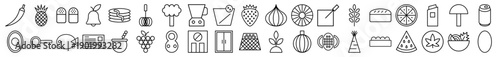 Food and kitchen line icon set. Vector pictograms of chili, pineapple, pancakes, blender, strawberry, bread, grapes, watermelon, and salad, thin outline illustration.