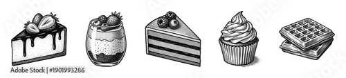 Set of hand drawn monochrome dessert sketches featuring cheesecake, yogurt parfait, chocolate cake, cupcake, and waffles in a vintage engraved style.