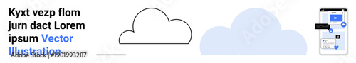 Cloud storage, mobile apps, data transfer, online connectivity, technology, user interface. Minimalist cloud icons and a smartphone screen interface. Cloud storage and mobile apps concept