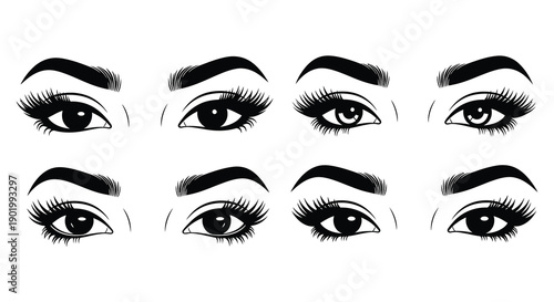 A collection of eight stylized eye designs with long eyelashes presented as a black silhouette on transparent background high quality professional