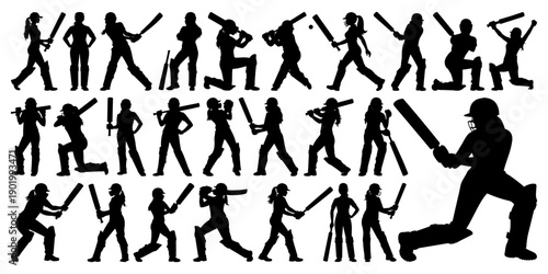 Women Cricket Player Silhouettes Action Poses Female Batter Mega Collection on Transparent Background