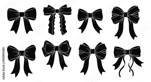 A collection of black ribbon bows in varying styles presented as a design element on transparent background silhouette high quality professional