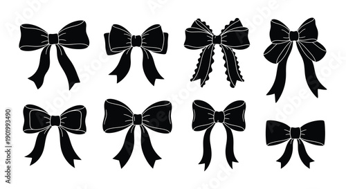 A collection of six black ribbon bows in varying styles ideal for design projects on transparent background silhouette high quality professional