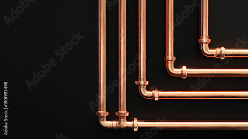 copper heating pipes on dark background with copyspace, minimal industrial copper pipework right side composition, vertical copper pipes with empty space for design