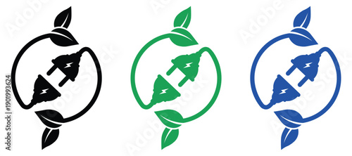Eco electric plug with green leaves icon. Green energy and sustainable power symbol. renewable energy icon. clean energy. vector illustration and transparent PNG
