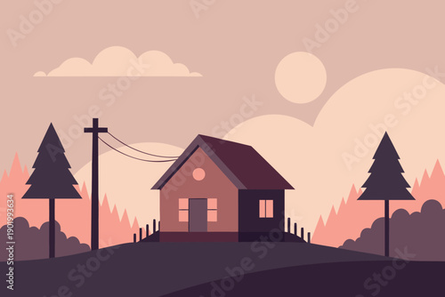 A charming house sits peacefully on a gentle hill among towering evergreen trees at sunrise