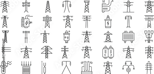 Electric power transmission and energy infrastructure line icon set with towers transformers cables isolated on white background vector