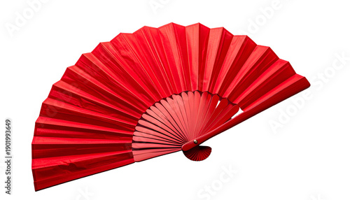A vibrant red, fan-shaped accessory, fully open against a stark black background