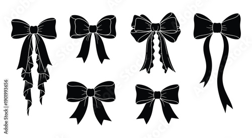A collection of four distinct black ribbon bows with flowing tails presented as a stylish silhouette on transparent background high quality