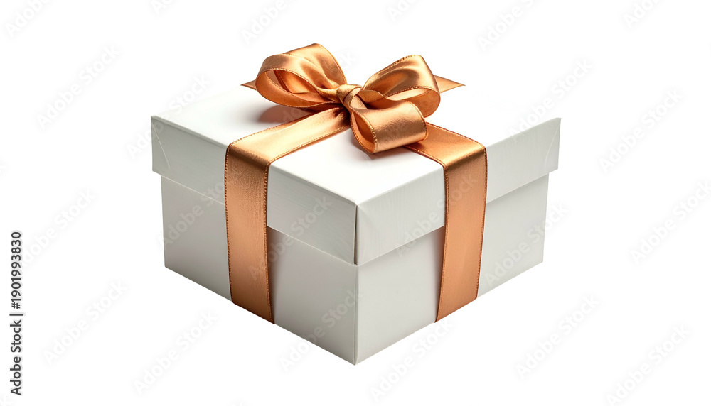 Obraz premium A pristine white gift box, tied with a luxurious golden ribbon and bow, isolated
