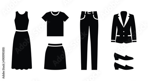 A collection of black clothing items including dresses shirts pants and a suit on transparent background silhouette high quality professional detailed