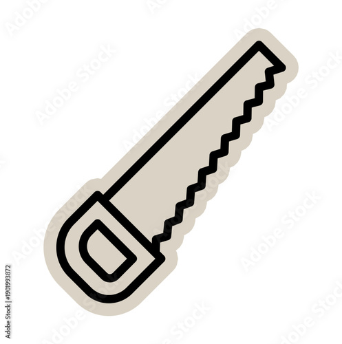 Hand saw tool scrapbook, doodle, sticker, collage, icon: hand drawn illustration of carpentry saw for woodworking, construction, repair, workshop, equipment, craft, blade, wood, industrial