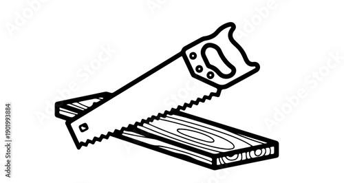 Hand saw and wooden plank representing carpentry labor symbol in black and white