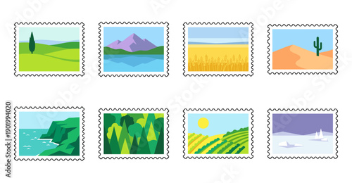 Minimalist Landscape Nature Scenery Postage Stamp Collection for Travel Stationery and Scrapbooking