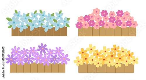 Simple flower bed with wooden fence vector clipart set.
Cute spring flowers in wooden fence illustration.
Spring flower garden border. svg.