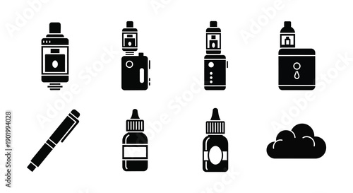 A collection of black electronic cigarette and vaping device silhouettes including a pen and cloud on transparent background high quality professional