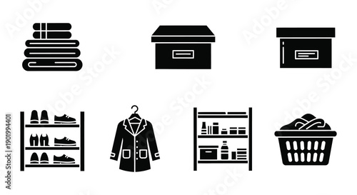 A collection of black storage and clothing icons including boxes shelves and garments on transparent background silhouette high quality professional detailed