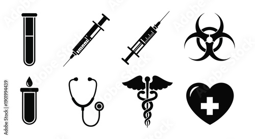 A collection of medical symbols including syringes a biohazard sign and a stethoscope on transparent background silhouette high quality professional detailed