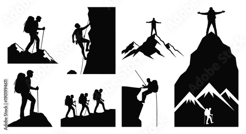 A collection of black silhouettes depicting mountain climbers and hikers in various poses on transparent background high quality professional detailed modern