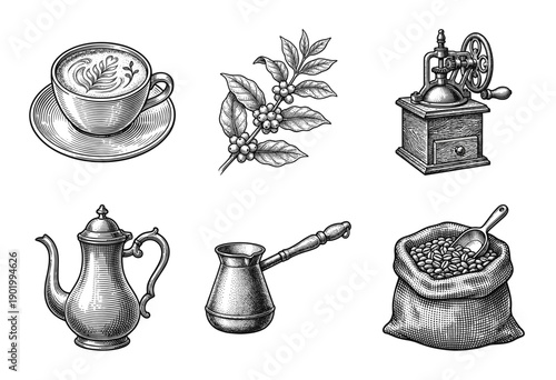 Vintage coffee collection featuring hand drawn engraving style illustrations of a latte cup, coffee plant branch, manual grinder, cezve, pot, and bean sack.
