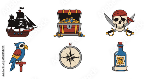 Pirate themed vector illustrations set ship treasure skull parrot compass and map