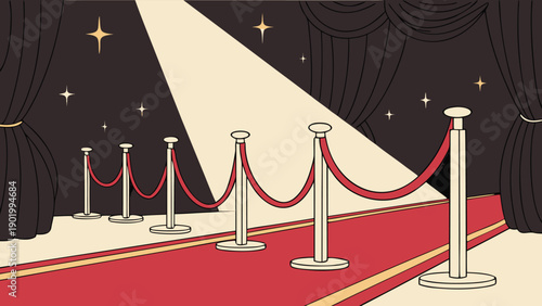 Stylized illustration of a glamorous red carpet event with velvet ropes and a bright stage spotlight
