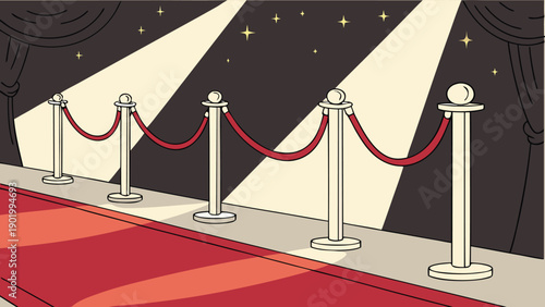 Stylized illustration of a VIP red carpet entrance featuring velvet ropes and bright stage lighting backdrop