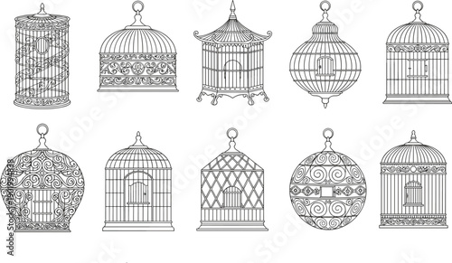 Vintage ornate bird cage collection hand drawn line art illustrations classic decorative avian cages isolated on white background set designs