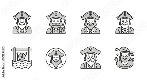 Cartoon pirate characters in various poses with detailed beard illustration