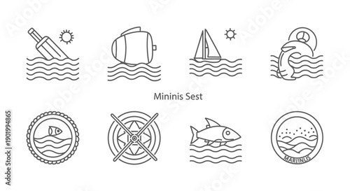 Set of nautical outline icons depicting sea elements and related objects