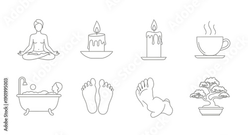 Wellness and relaxation icon set yoga candles coffee bath feet and bonsai