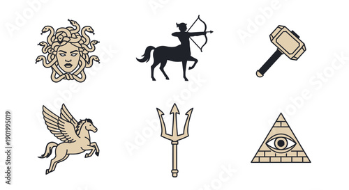 Mythological icons collection medusa centaur hammer pegasus trident and eye