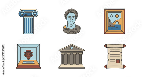 Museum artifacts vector illustrations set columns statues paintings and scrolls