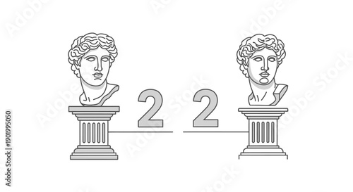 Two ancient busts with number display on white background for design