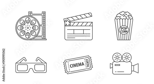 Movie icons set film reel clapperboard popcorn 3 d glasses ticket camera