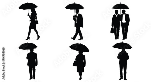 A collection of black silhouettes depicting people with umbrellas ideal for design projects on transparent background silhouette high quality professional detailed