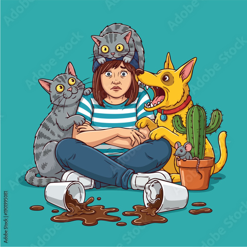 Overwhelmed woman surrounded by chaotic pets and spilled coffee.