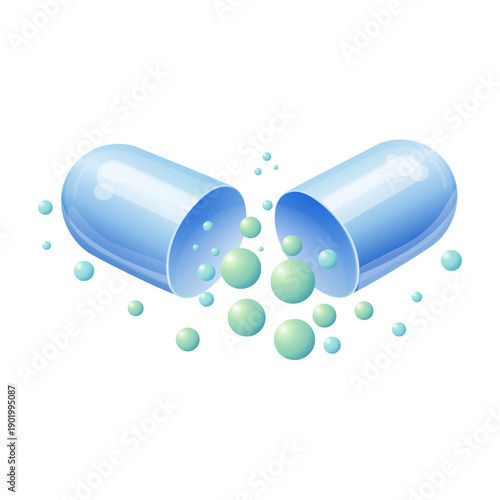 Blue capsules drop spheres on white