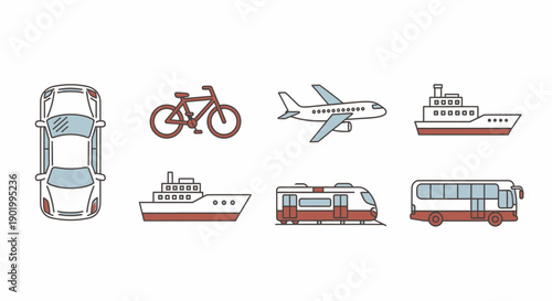 Transportation icons car bicycle airplane ships train and bus illustrations